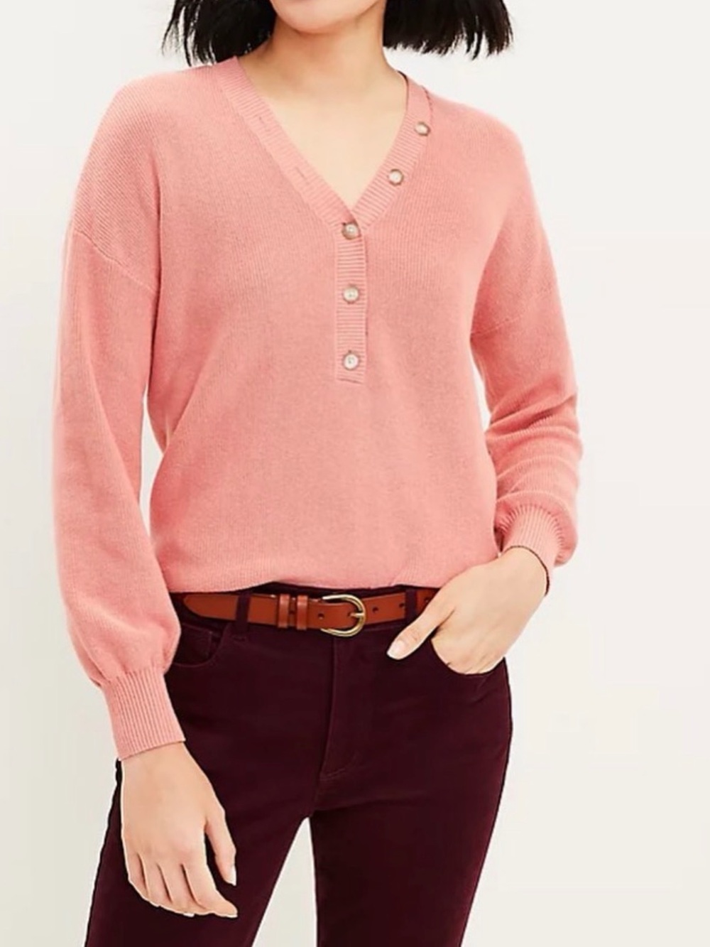 LOFT Coral Striped Henley Sweater – Size M | NWT